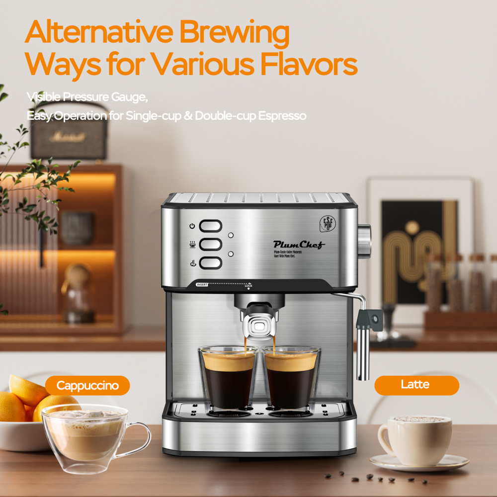 PlumChef Espresso Machine 20 Bar Professional Compact Homehold Coffee Espresso Maker,Low Noise and Fast Coffee Machine for Latte Cappuccino, with Milk Frother Steam Wand 54oz Water Tank