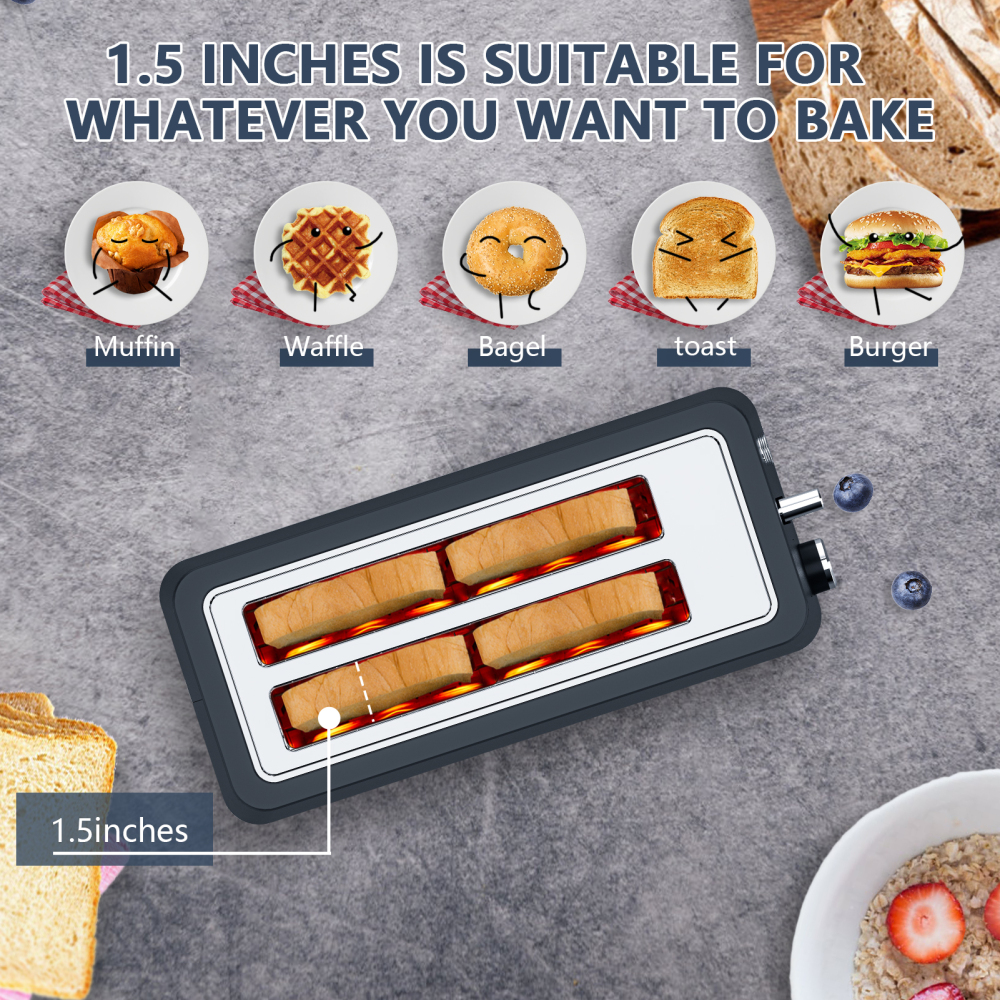 4-Slice Toaster, Extra Wide Long Slot Toaster with Warming Rack, 6 Browning Settings, Bagel/Defrost/Reheat Functions, Removable Crumb Tray, Stainless Steel Housing 1350W, Matte Blue