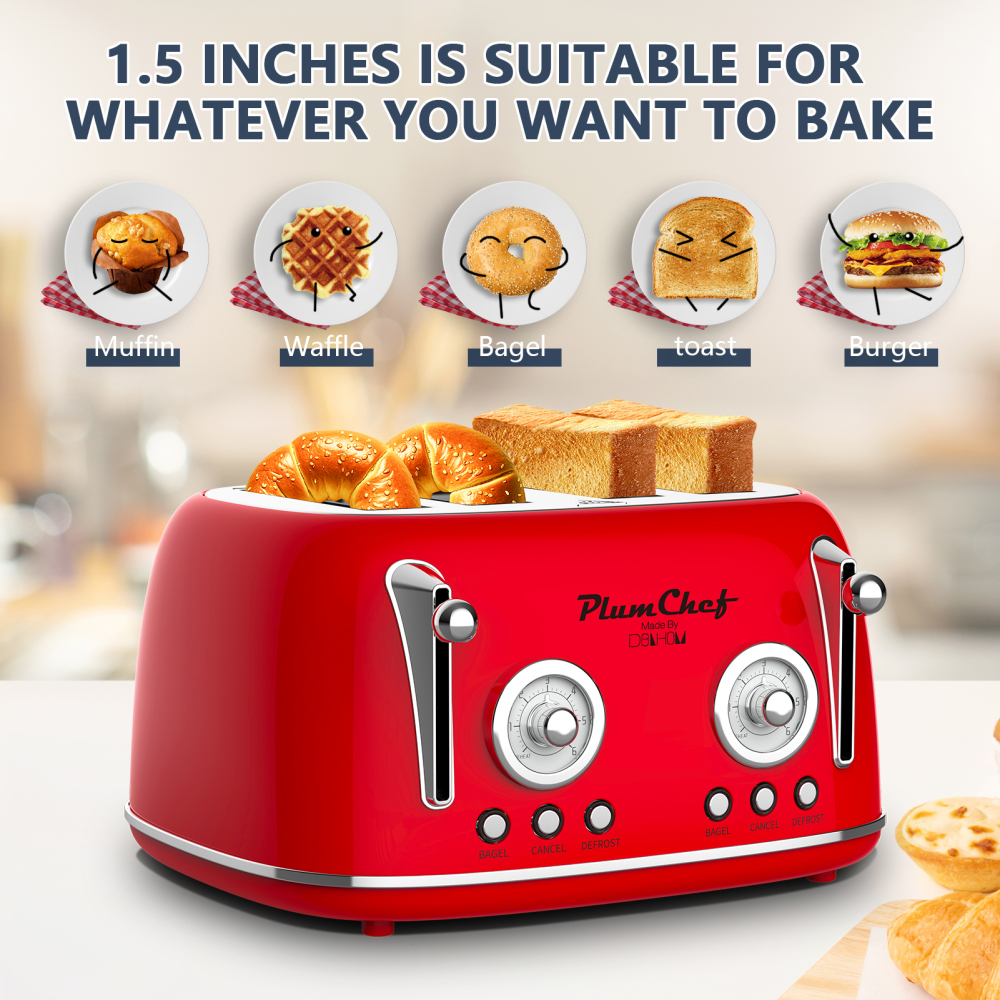 4 Slice Retro Style Toaster, Dual Control Toaster with Warming Rack, 6 Browning Settings, Bagel/Defrost Functions, Removable Crumb Tray, Stainless Steel Housing 1650W, Red
