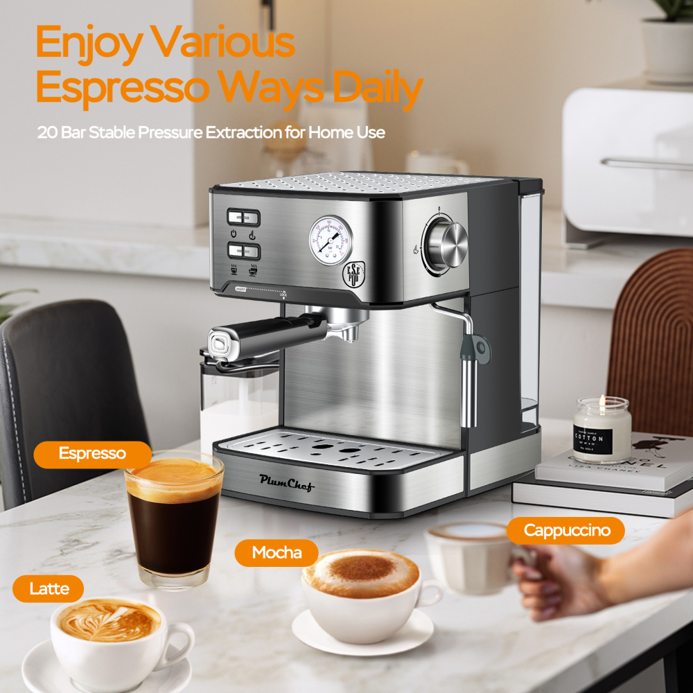 PlumChef Espresso Machine Household Coffee Espresso Maker with Milk Frother Steam Wand Pressure Gauge 54oz Water Tank Low Noise and Fast Coffee Machine for Cappuccino Latte