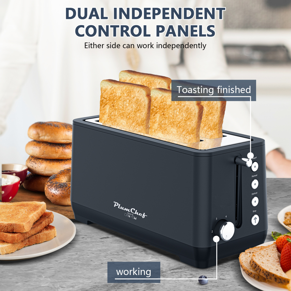 4-Slice Toaster, Extra Wide Long Slot Toaster with Warming Rack, 6 Browning Settings, Bagel/Defrost/Reheat Functions, Removable Crumb Tray, Stainless Steel Housing 1350W, Matte Blue