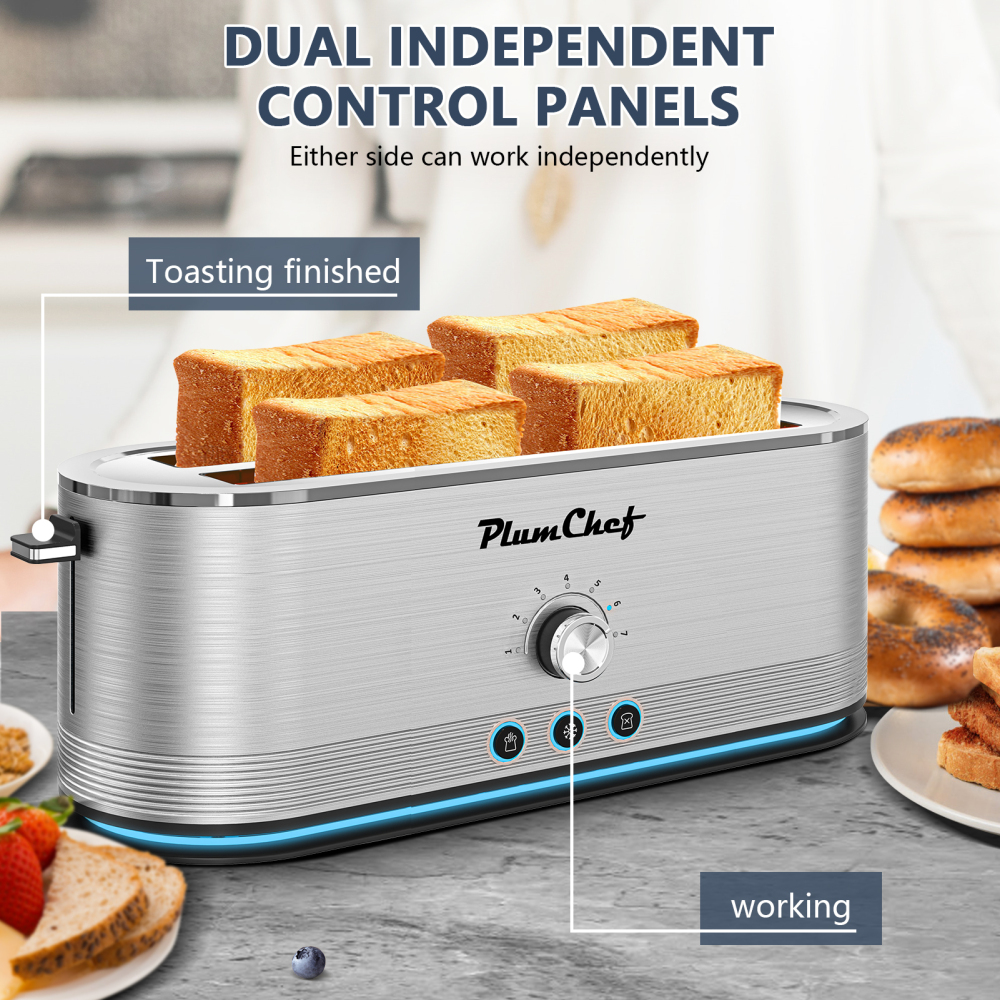 Plum Chef 4-Slice Toaster, 7 Browning Settings, Defrost/Reheat Functions, Removable Crumb Tray, Full body Stainless Steel Housing 1350W ，Anti-Fingerprint & Anti-Jam(stainless steel)