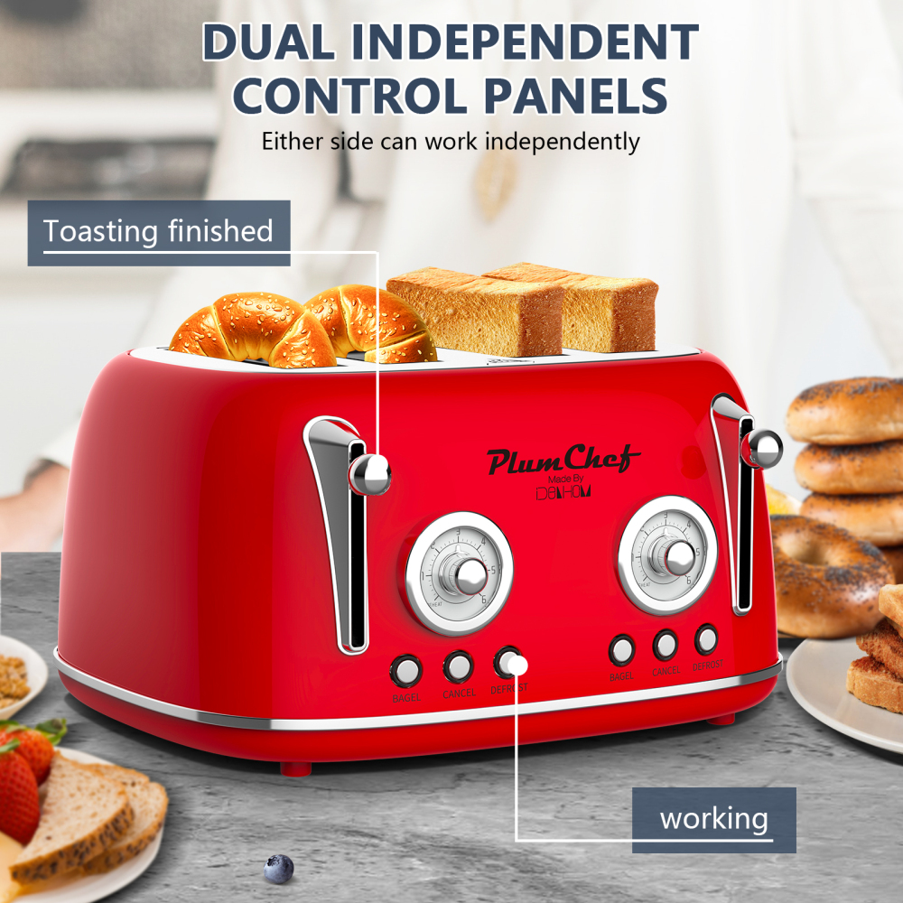 4 Slice Retro Style Toaster, Dual Control Toaster with Warming Rack, 6 Browning Settings, Bagel/Defrost Functions, Removable Crumb Tray, Stainless Steel Housing 1650W, Red
