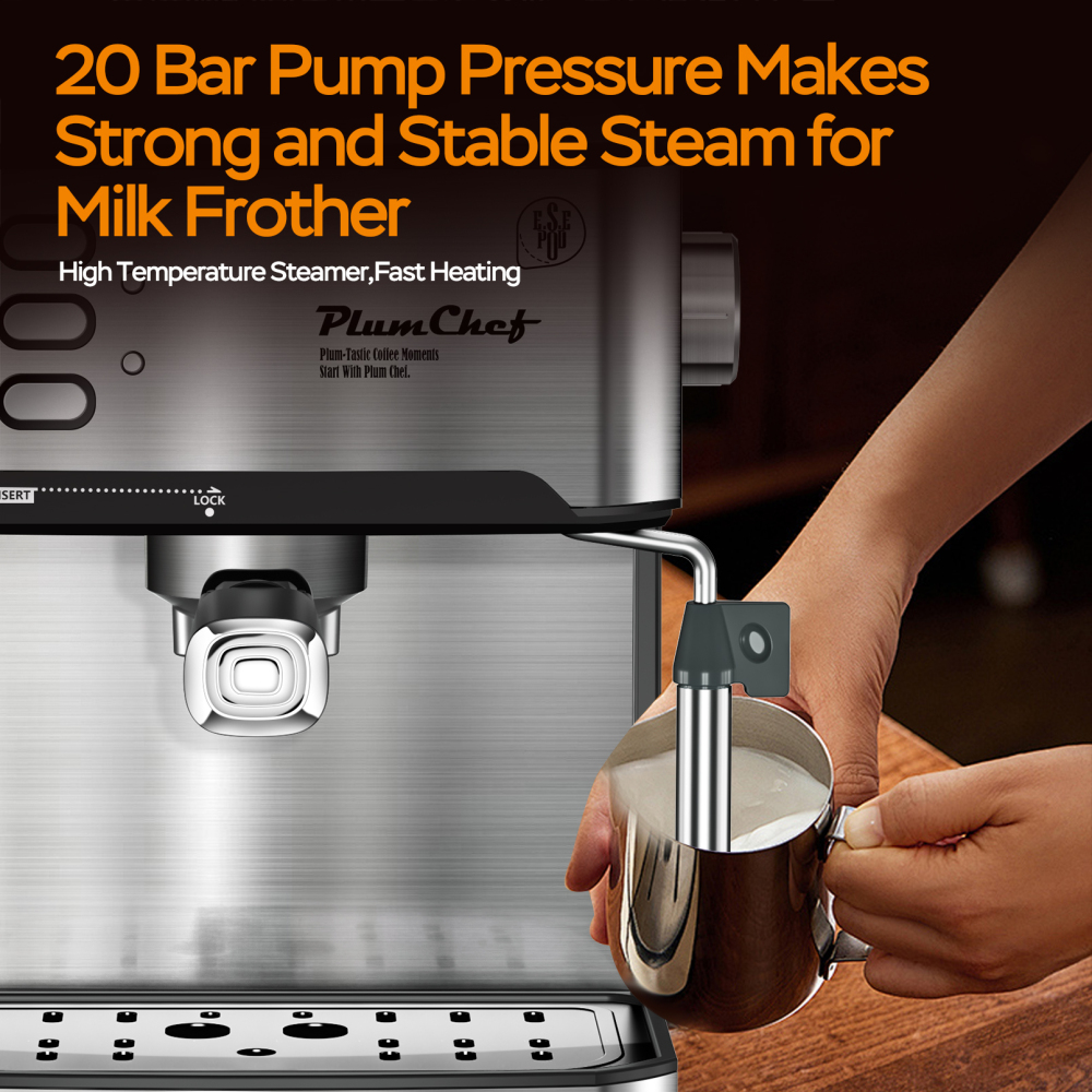 PlumChef Espresso Machine 20 Bar Professional Compact Homehold Coffee Espresso Maker,Low Noise and Fast Coffee Machine for Latte Cappuccino, with Milk Frother Steam Wand 54oz Water Tank