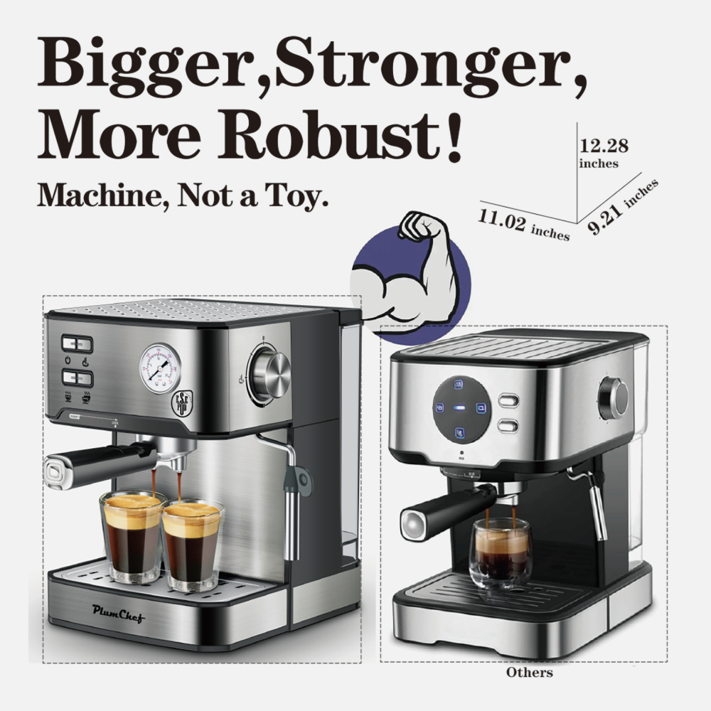 PlumChef Espresso Machine Household Coffee Espresso Maker with Milk Frother Steam Wand Pressure Gauge 54oz Water Tank Low Noise and Fast Coffee Machine for Cappuccino Latte