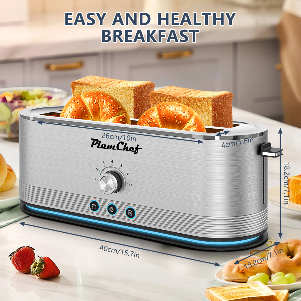 Plum Chef 4-Slice Toaster, 7 Browning Settings, Defrost/Reheat Functions, Removable Crumb Tray, Full body Stainless Steel Housing 1350W ，Anti-Fingerprint & Anti-Jam(stainless steel)