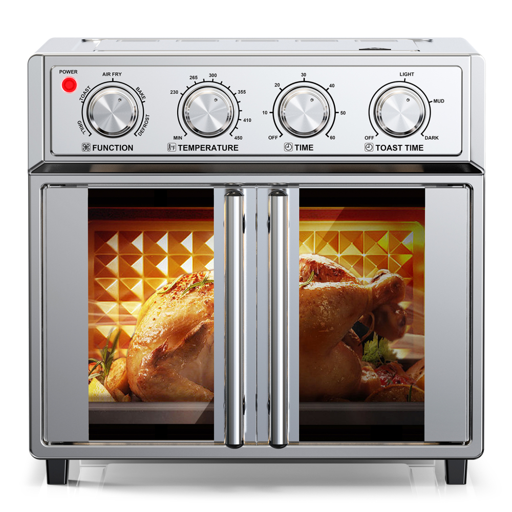 PlumChef 26QT Large Capacity French Door Air Fryer Toaster Oven, 7-in-1 Countertop Convection Oven with 7 Preset Menus, 1700W, Stainless Steel