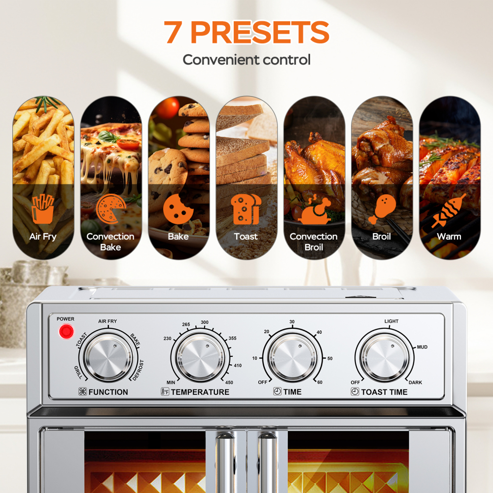 PlumChef 26QT Large Capacity French Door Air Fryer Toaster Oven, 7-in-1 Countertop Convection Oven with 7 Preset Menus, 1700W, Stainless Steel