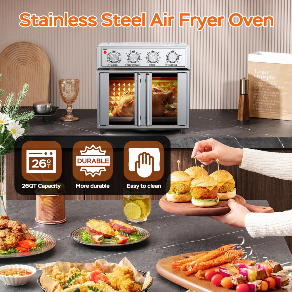PlumChef 26QT Large Capacity French Door Air Fryer Toaster Oven, 7-in-1 Countertop Convection Oven with 7 Preset Menus, 1700W, Stainless Steel