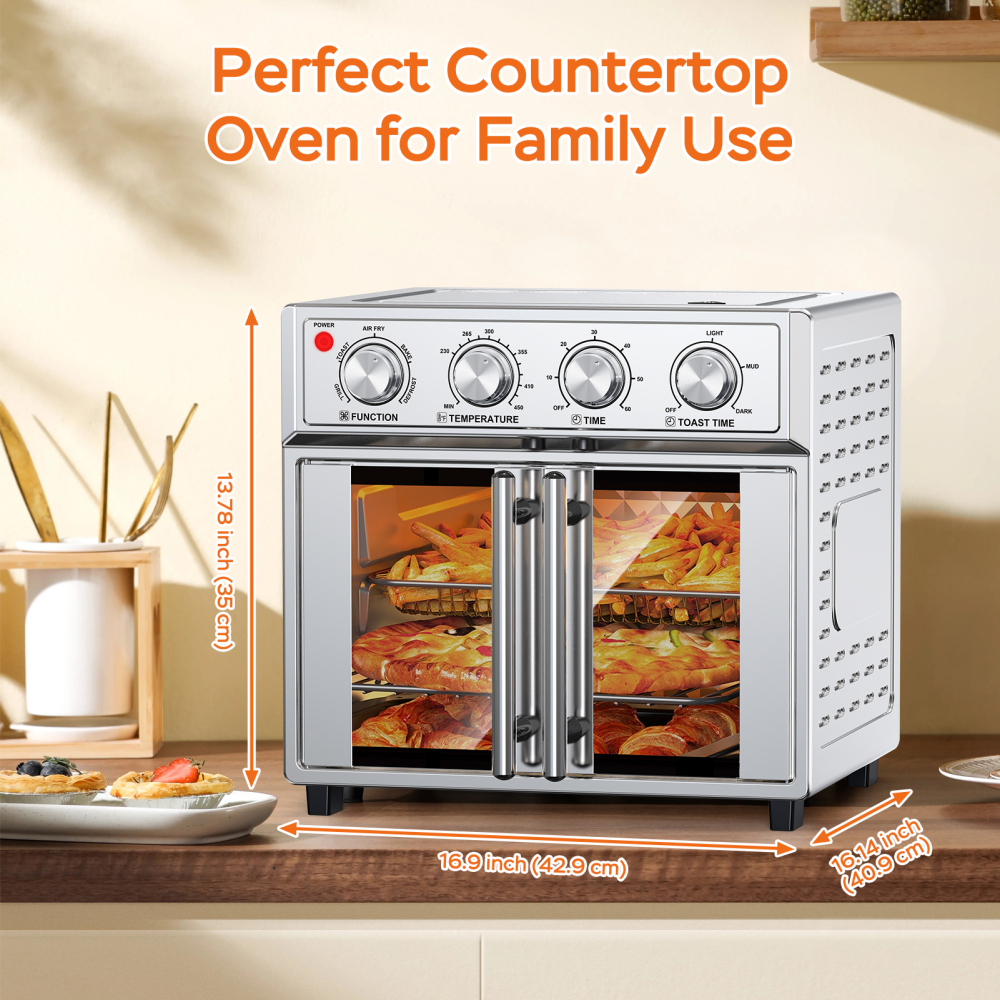 PlumChef 26QT Large Capacity French Door Air Fryer Toaster Oven, 7-in-1 Countertop Convection Oven with 7 Preset Menus, 1700W, Stainless Steel