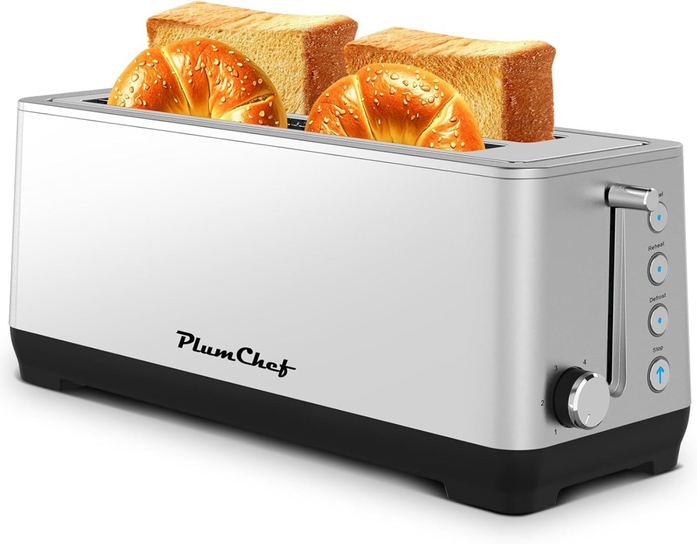 Plum Chef 4-Slice Extra Wide Long Slot Toaster (Silver, 1350W) - Stainless Steel with Warming Rack, Removable Crumb Tray, 6 Browning Settings & Bagel/Defrost/Reheat Functions