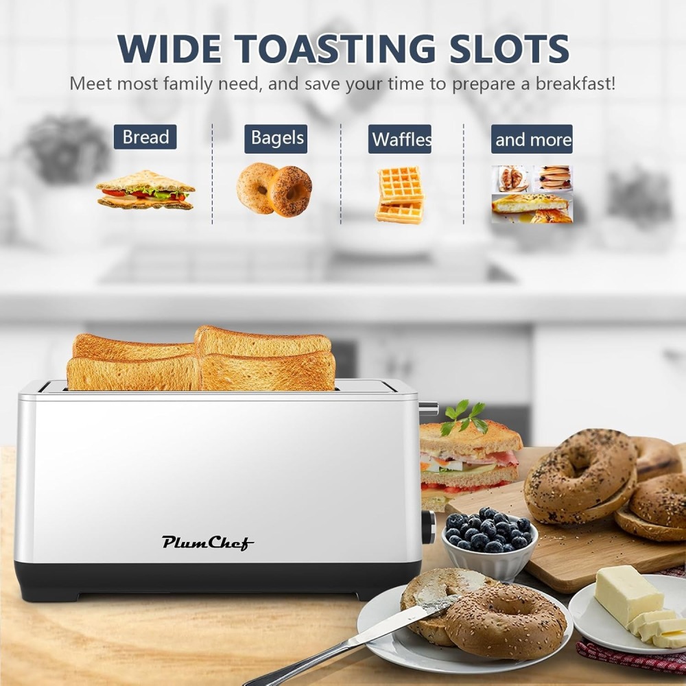 Plum Chef 4-Slice Extra Wide Long Slot Toaster (Silver, 1350W) - Stainless Steel with Warming Rack, Removable Crumb Tray, 6 Browning Settings & Bagel/Defrost/Reheat Functions