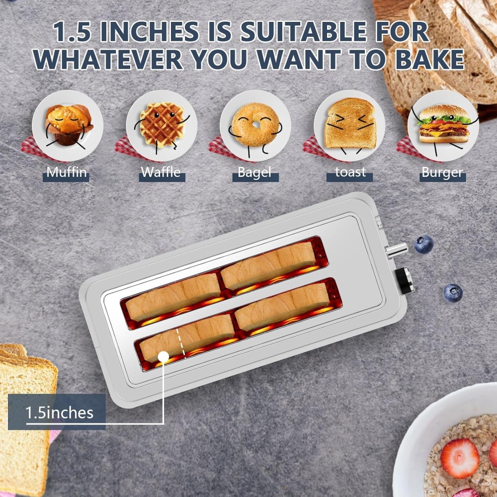 Plum Chef 4-Slice Extra Wide Long Slot Toaster (Silver, 1350W) - Stainless Steel with Warming Rack, Removable Crumb Tray, 6 Browning Settings & Bagel/Defrost/Reheat Functions