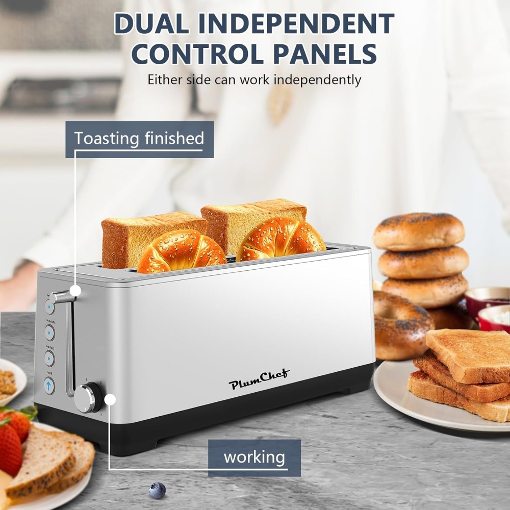 Plum Chef 4-Slice Extra Wide Long Slot Toaster (Silver, 1350W) - Stainless Steel with Warming Rack, Removable Crumb Tray, 6 Browning Settings & Bagel/Defrost/Reheat Functions