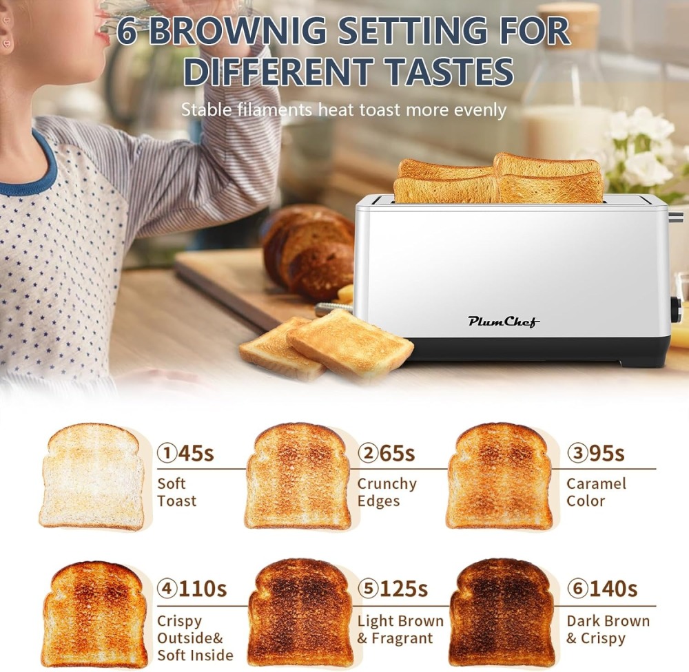Plum Chef 4-Slice Extra Wide Long Slot Toaster (Silver, 1350W) - Stainless Steel with Warming Rack, Removable Crumb Tray, 6 Browning Settings & Bagel/Defrost/Reheat Functions