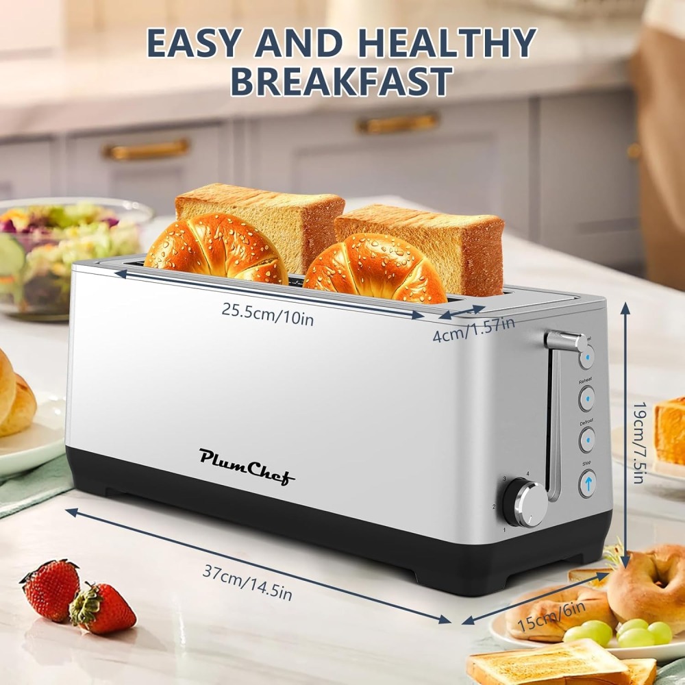 Plum Chef 4-Slice Extra Wide Long Slot Toaster (Silver, 1350W) - Stainless Steel with Warming Rack, Removable Crumb Tray, 6 Browning Settings & Bagel/Defrost/Reheat Functions