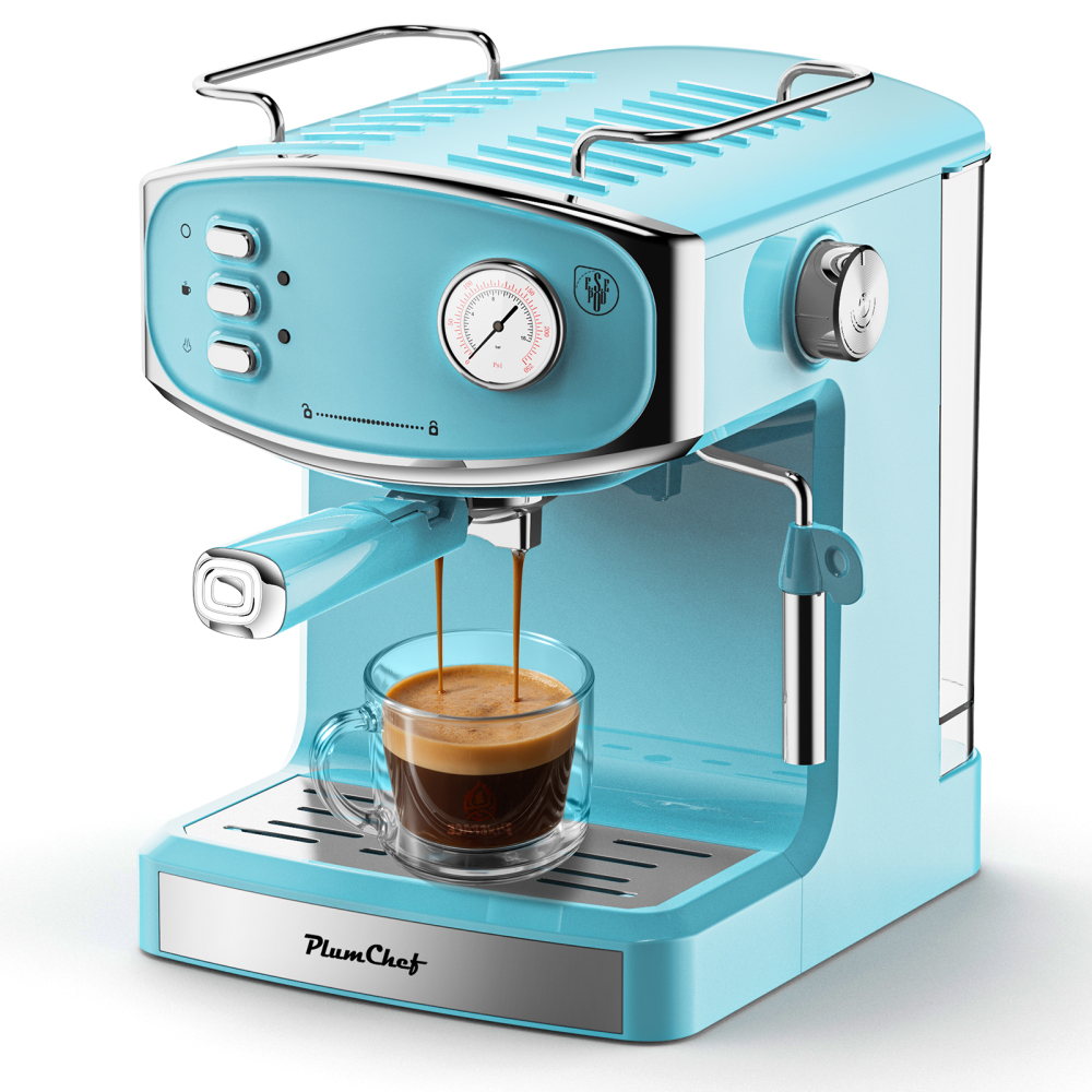 Plum Chef 20 Bar Espresso Machine with Milk Frother, 850W Compact Coffee Maker, Pressure Gauge & 54oz Water Tank, Fast Brewing for Cappuccino, Latte, Americano, Tiffany Blue