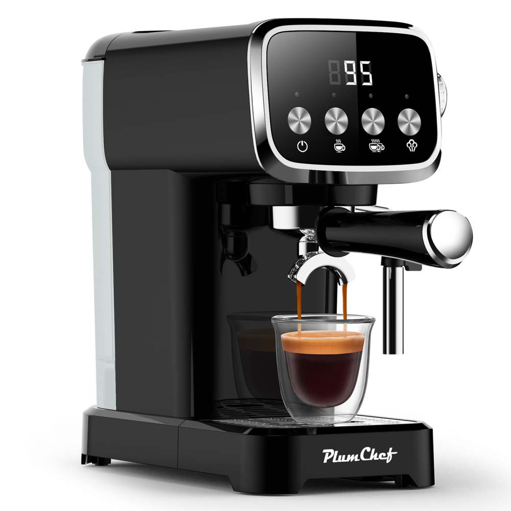 PlumChef PLJY0110 20BAR Espresso Machine with Milk Frother, 1350W Fast Heating, Compact Vertical Design, Built-in Cup Warmer, 43OZ Detachable Tank, for Latte Americano Cappuccino, Black