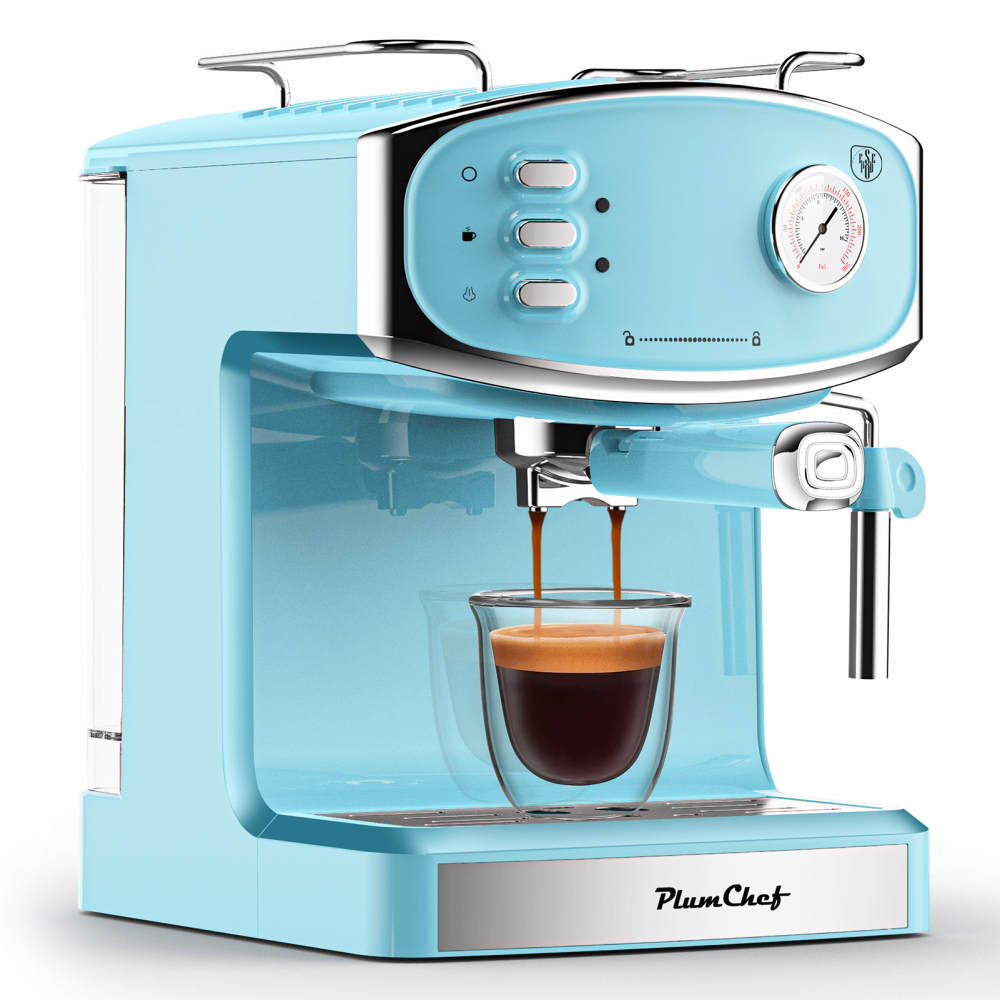 Plum Chef 20 Bar Espresso Machine with Milk Frother, 850W Compact Coffee Maker, Pressure Gauge & 54oz Water Tank, Fast Brewing for Cappuccino, Latte, Americano, Tiffany Blue