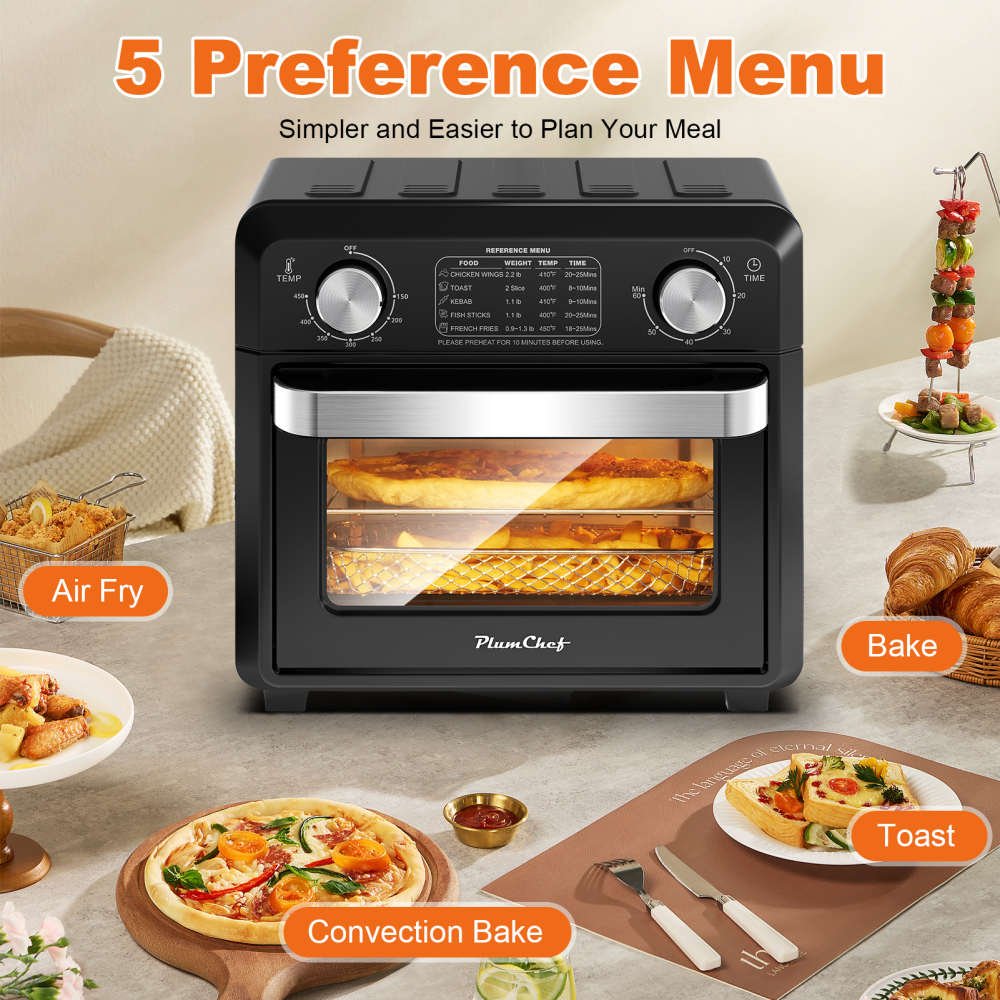 Plum Chef Air Fryer Toaster Oven 11QT, 5-in-1 Countertop Oven with Rapid Air Circulation, Air Fry, Bake, Broil, Dehydrate, Toast, for 1-2 People, 1000W, Oil-Free, Includes Frying Basket & Baking Pan, Black
