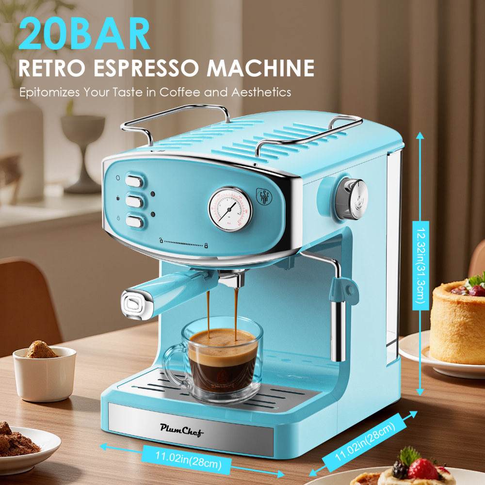 Plum Chef 20 Bar Espresso Machine with Milk Frother, 850W Compact Coffee Maker, Pressure Gauge & 54oz Water Tank, Fast Brewing for Cappuccino, Latte, Americano, Tiffany Blue