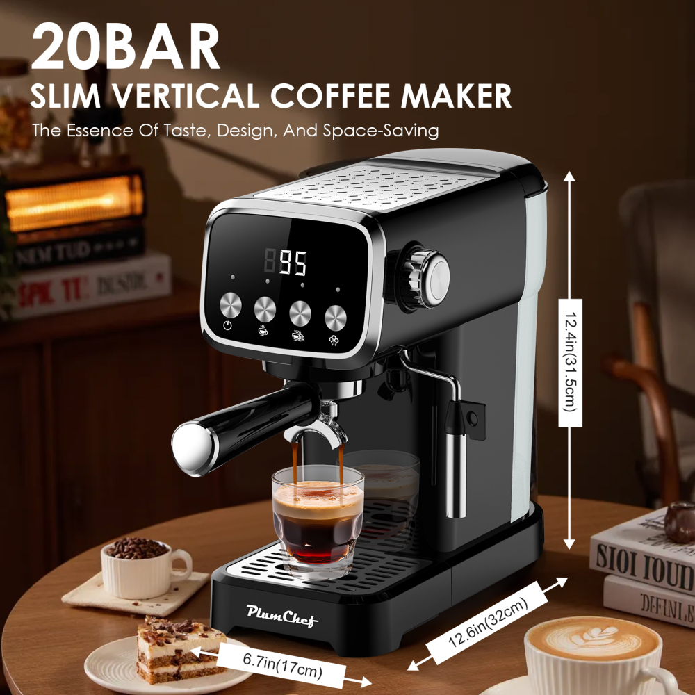 PlumChef PLJY0110 20BAR Espresso Machine with Milk Frother, 1350W Fast Heating, Compact Vertical Design, Built-in Cup Warmer, 43OZ Detachable Tank, for Latte Americano Cappuccino, Black