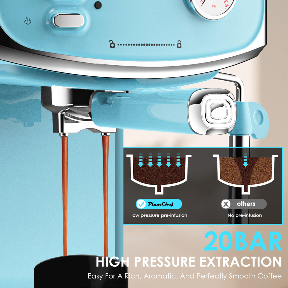 Plum Chef 20 Bar Espresso Machine with Milk Frother, 850W Compact Coffee Maker, Pressure Gauge & 54oz Water Tank, Fast Brewing for Cappuccino, Latte, Americano, Tiffany Blue