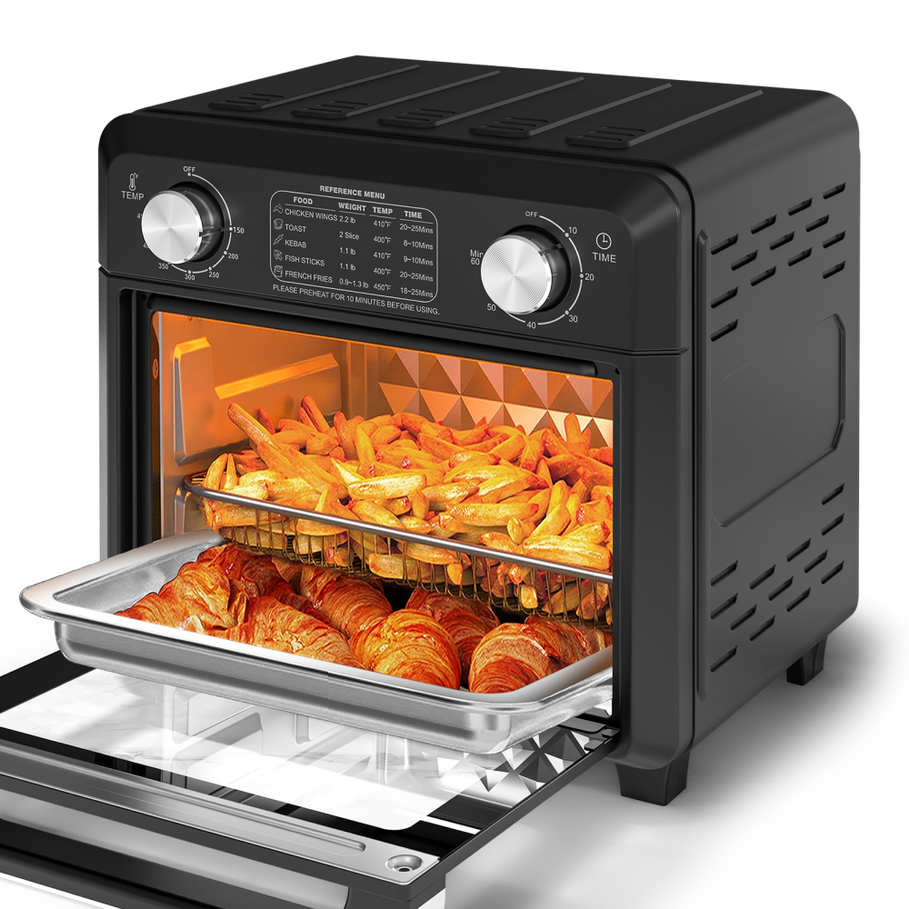 Plum Chef Air Fryer Toaster Oven 11QT, 5-in-1 Countertop Oven with Rapid Air Circulation, Air Fry, Bake, Broil, Dehydrate, Toast, for 1-2 People, 1000W, Oil-Free, Includes Frying Basket & Baking Pan, Black