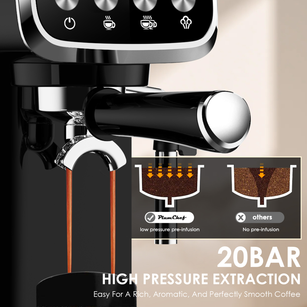 PlumChef PLJY0110 20BAR Espresso Machine with Milk Frother, 1350W Fast Heating, Compact Vertical Design, Built-in Cup Warmer, 43OZ Detachable Tank, for Latte Americano Cappuccino, Black