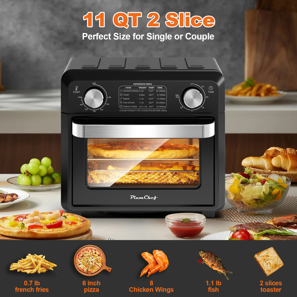 Plum Chef Air Fryer Toaster Oven 11QT, 5-in-1 Countertop Oven with Rapid Air Circulation, Air Fry, Bake, Broil, Dehydrate, Toast, for 1-2 People, 1000W, Oil-Free, Includes Frying Basket & Baking Pan, Black