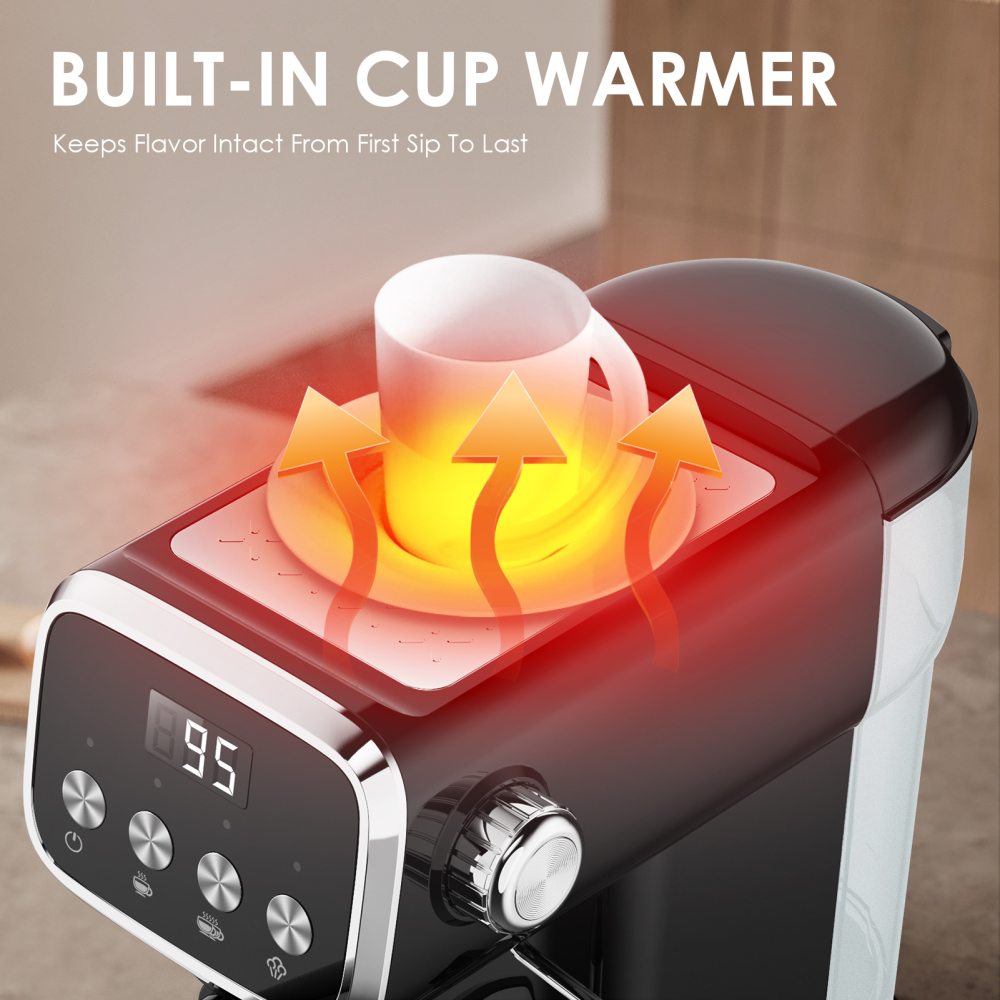PlumChef PLJY0110 20BAR Espresso Machine with Milk Frother, 1350W Fast Heating, Compact Vertical Design, Built-in Cup Warmer, 43OZ Detachable Tank, for Latte Americano Cappuccino, Black