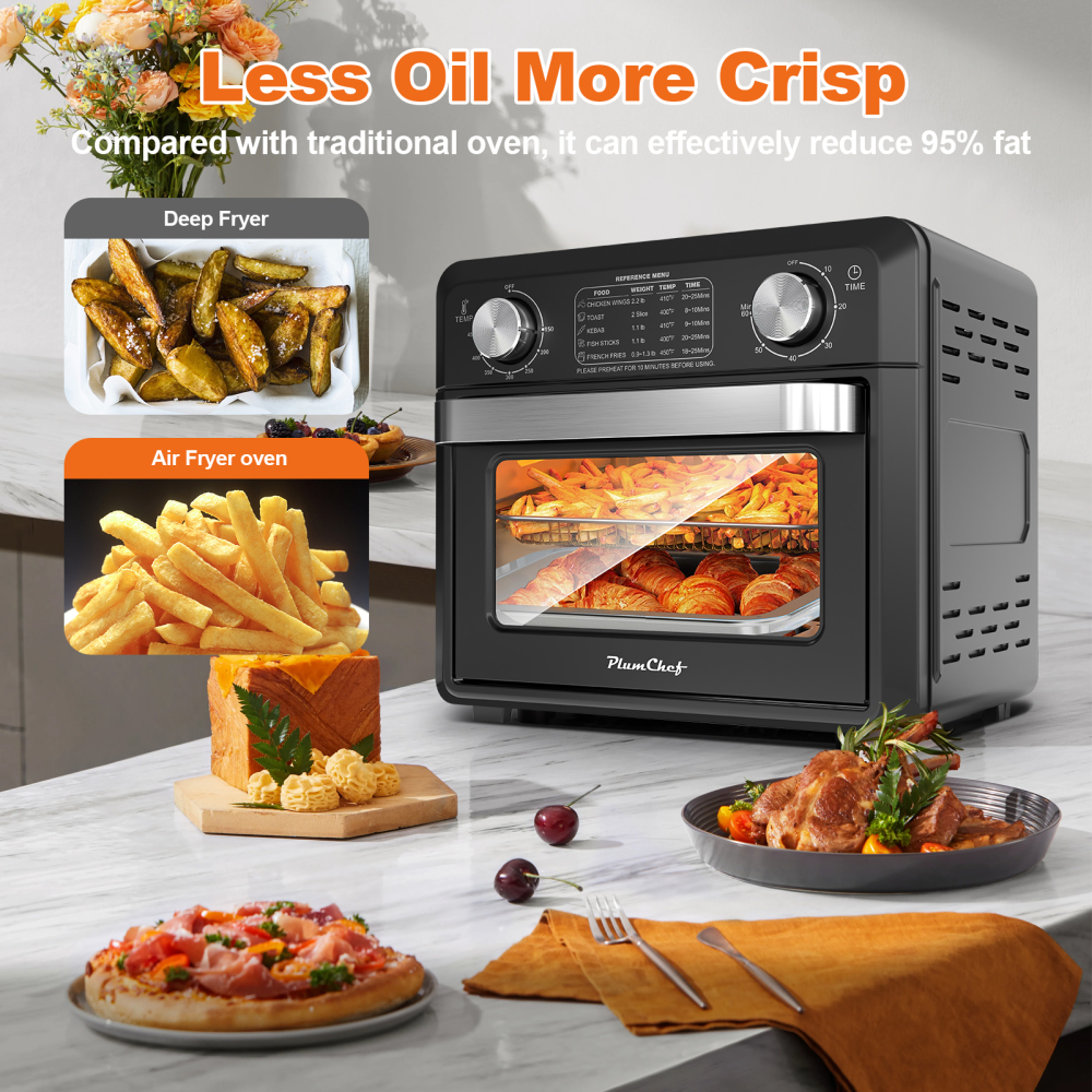 Plum Chef Air Fryer Toaster Oven 11QT, 5-in-1 Countertop Oven with Rapid Air Circulation, Air Fry, Bake, Broil, Dehydrate, Toast, for 1-2 People, 1000W, Oil-Free, Includes Frying Basket & Baking Pan, Black
