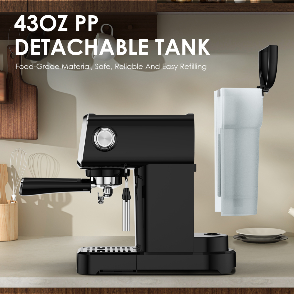 PlumChef PLJY0110 20BAR Espresso Machine with Milk Frother, 1350W Fast Heating, Compact Vertical Design, Built-in Cup Warmer, 43OZ Detachable Tank, for Latte Americano Cappuccino, Black