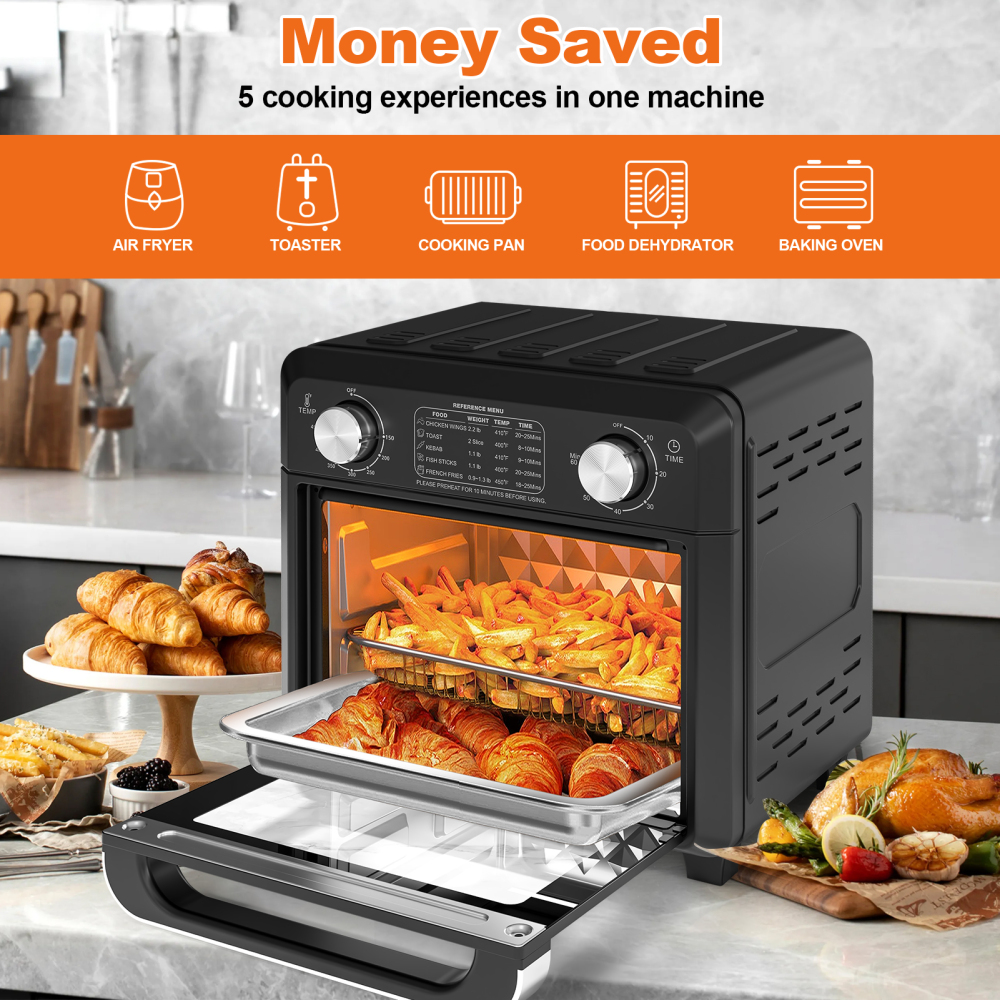 Plum Chef Air Fryer Toaster Oven 11QT, 5-in-1 Countertop Oven with Rapid Air Circulation, Air Fry, Bake, Broil, Dehydrate, Toast, for 1-2 People, 1000W, Oil-Free, Includes Frying Basket & Baking Pan, Black