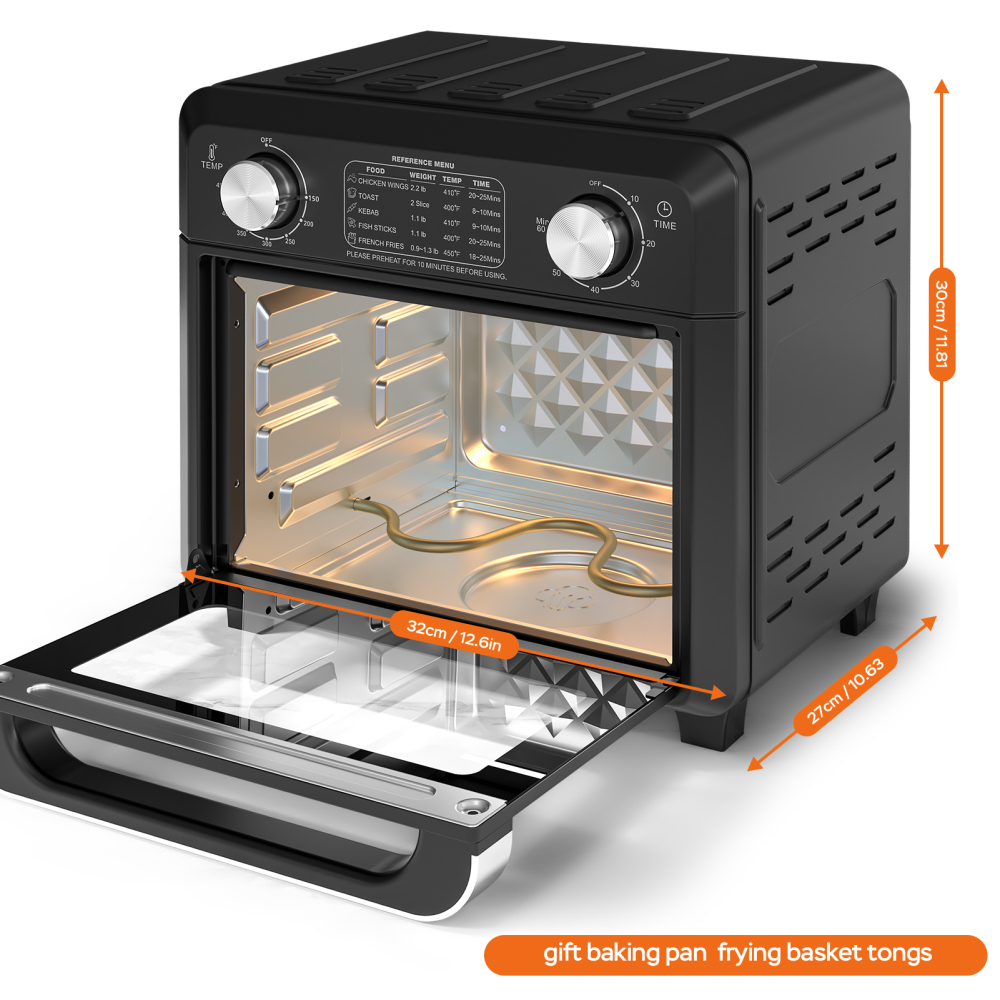 Plum Chef Air Fryer Toaster Oven 11QT, 5-in-1 Countertop Oven with Rapid Air Circulation, Air Fry, Bake, Broil, Dehydrate, Toast, for 1-2 People, 1000W, Oil-Free, Includes Frying Basket & Baking Pan, Black