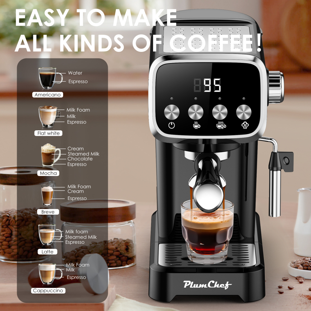 PlumChef PLJY0110 20BAR Espresso Machine with Milk Frother, 1350W Fast Heating, Compact Vertical Design, Built-in Cup Warmer, 43OZ Detachable Tank, for Latte Americano Cappuccino, Black