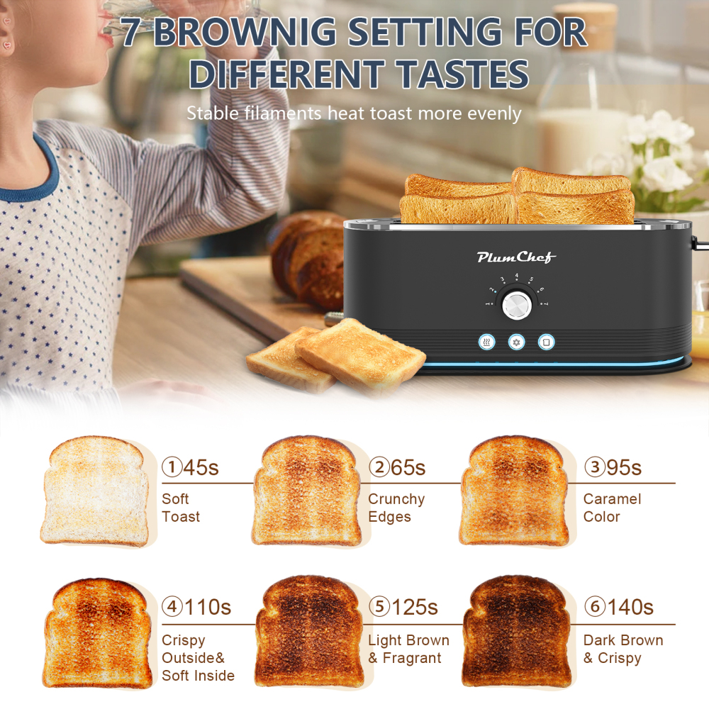 Plum Chef 4 Slice Toaster Wide Slot 6 Shade Browning Control Bagel Muffin Setting Defrost Function Reheat Function Removable Crumb Tray Compact Stainless Steel Design