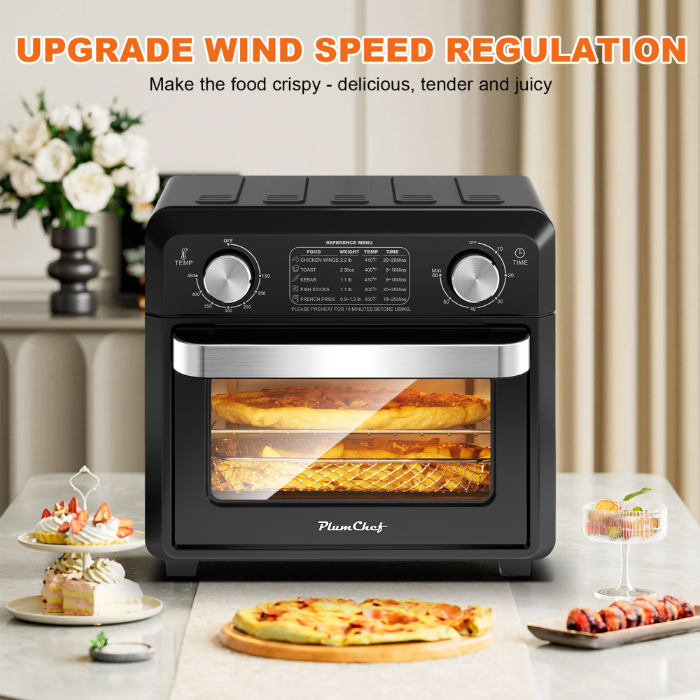 Plum Chef Air Fryer Toaster Oven 11QT, 5-in-1 Countertop Oven with Rapid Air Circulation, Air Fry, Bake, Broil, Dehydrate, Toast, for 1-2 People, 1000W, Oil-Free, Includes Frying Basket & Baking Pan, Black