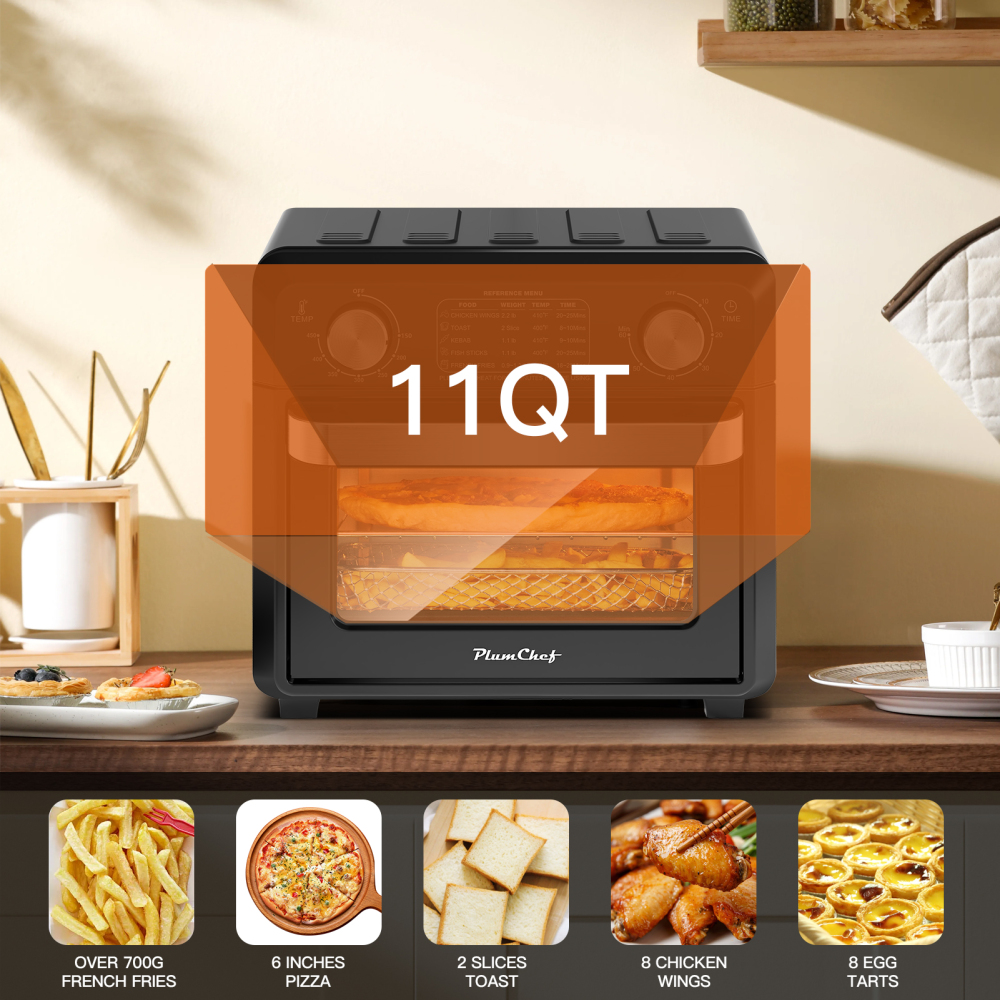 Plum Chef Air Fryer Toaster Oven 11QT, 5-in-1 Countertop Oven with Rapid Air Circulation, Air Fry, Bake, Broil, Dehydrate, Toast, for 1-2 People, 1000W, Oil-Free, Includes Frying Basket & Baking Pan, Black