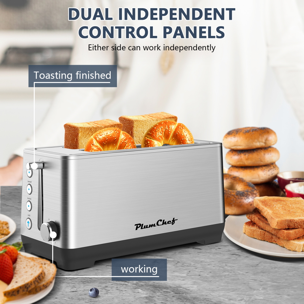 Plum Chef 4-Slice Stainless Steel Toaster with 1.5 Inch Extra Wide Slots, 6 Browning Settings for Bread, Bagel, Muffin Waffle, Defrost and Reheat Functions, Removable Crumb Tray, Compact Design