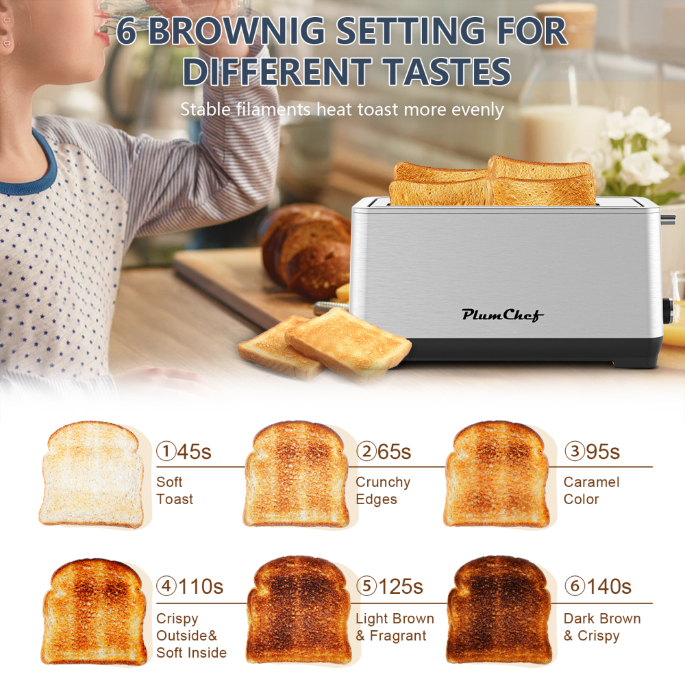 Plum Chef 4-Slice Stainless Steel Toaster with 1.5 Inch Extra Wide Slots, 6 Browning Settings for Bread, Bagel, Muffin Waffle, Defrost and Reheat Functions, Removable Crumb Tray, Compact Design