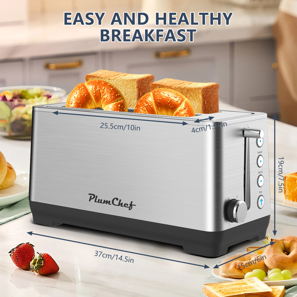 Plum Chef 4-Slice Stainless Steel Toaster with 1.5 Inch Extra Wide Slots, 6 Browning Settings for Bread, Bagel, Muffin Waffle, Defrost and Reheat Functions, Removable Crumb Tray, Compact Design