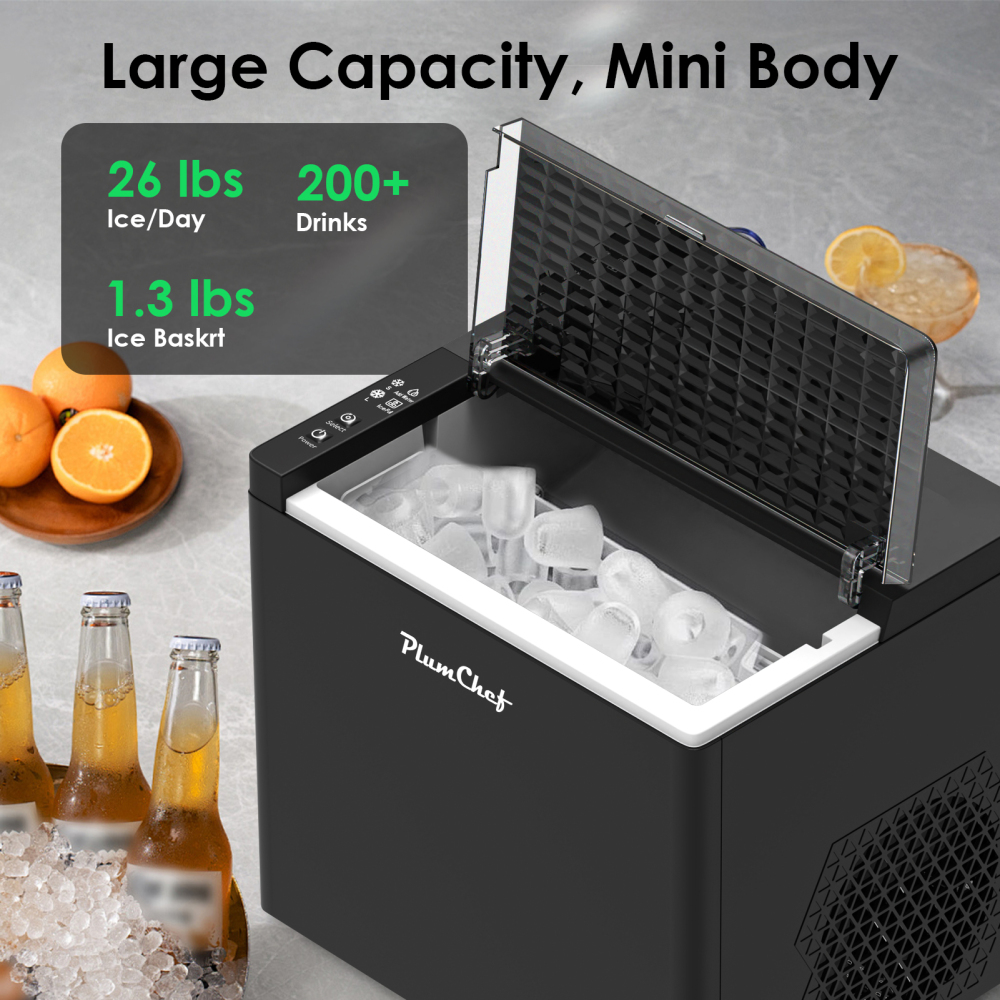 Countertop Ice Maker Machine, 26lbs in 24 Hours, 9 Bullet Ice Cubes in 6 Mins, Portable Compact with Self-Cleaning, Ice Basket and Scoop Included for Home/Kitchen/Camping/RV, Black
