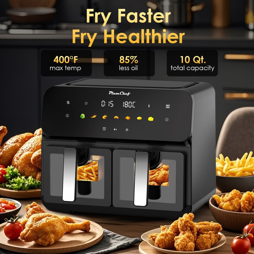 10QT Dual Air Fryer, Double Basket Air Fryer with 2×5QT Baskets,  Digital Touchscreen Control, Easy-View Window, SyncCook Function, Cook 2 Dishes at Once for Family of 4-6, 1700W