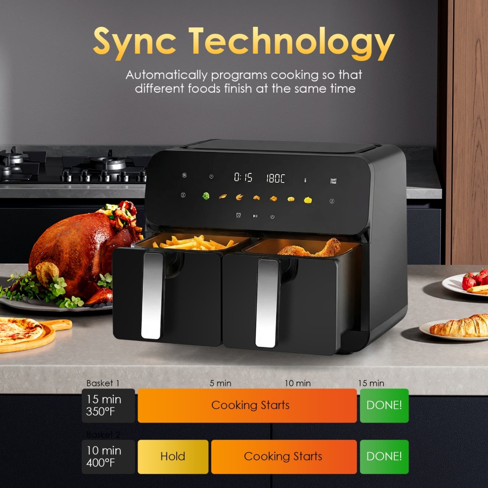 10QT Large Dual Zone Air Fryer, Double Basket Air Fryer with 2×5QT Baskets, Digital Full Touchscreen Easy-Panel, SyncCook Function,  Cook 2 Dishes at Once for 4-6 Family,1700W