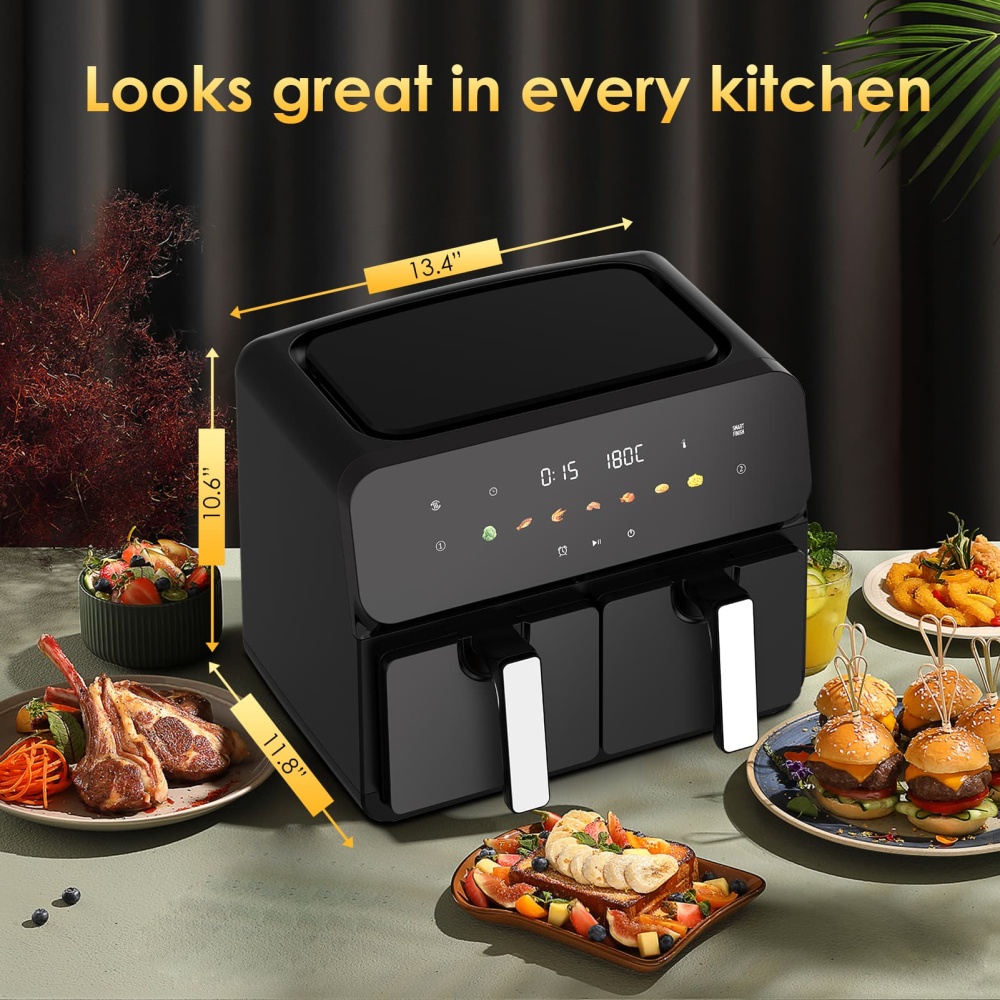 10QT Large Dual Zone Air Fryer, Double Basket Air Fryer with 2×5QT Baskets, Digital Full Touchscreen Easy-Panel, SyncCook Function,  Cook 2 Dishes at Once for 4-6 Family,1700W