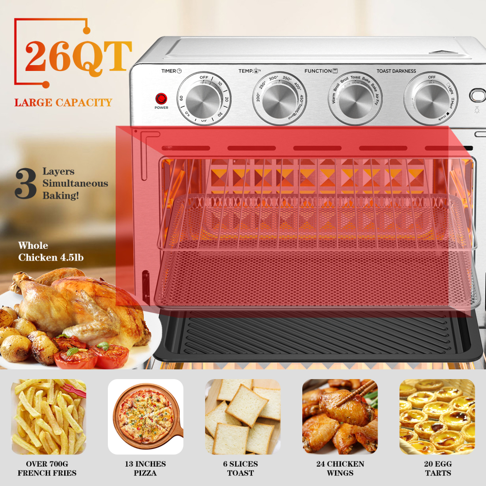 Used Air Fryer Toaster Oven 26 QT, Large Air Fryer Convection Countertop Oven Combo with Easy Bake, Roast, Broil, Warm, 6 Slice Toast 7-in-1 Functions, 3 Layers with 4 Accessories, Stainless Steel