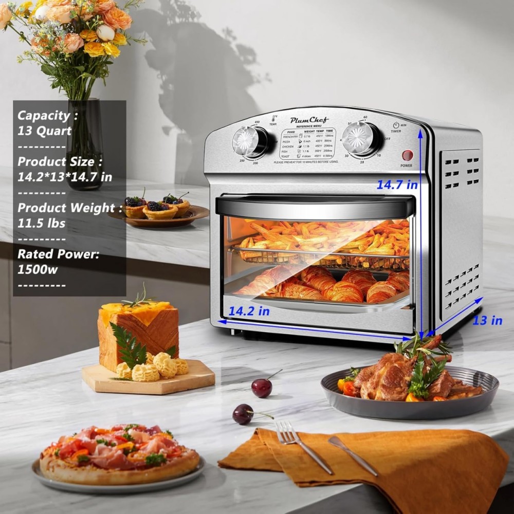 Air Fryer,13QT,360° Hot Air Circulation for Healthy Oil-Free Cooking，Multifunctional Convection Toaster Oven Air Fryer Combo, Time Control Contertop Oven & Stainless Steel Adjustable Temp