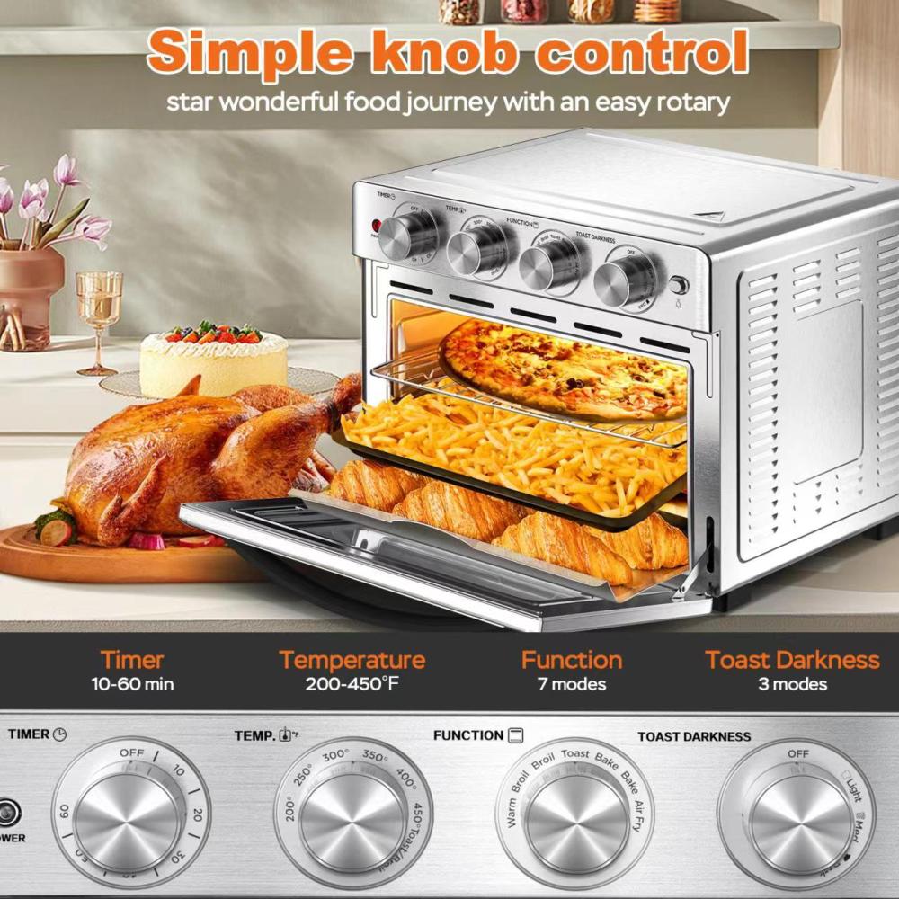 Used Air Fryer Toaster Oven 26 QT, Large Air Fryer Convection Countertop Oven Combo with Easy Bake, Roast, Broil, Warm, 6 Slice Toast 7-in-1 Functions, 3 Layers with 4 Accessories, Stainless Steel