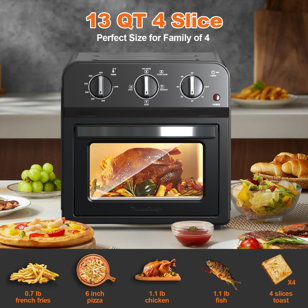 Air Fryer, 13QT Multifunctional Convection Toaster Oven Air Fryer Combo, 360° Hot Air Circulation for Healthy Oil-Free Cooking, Adjustable Time & Temp Control, Black Oven